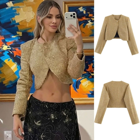 Elegante Goldene Tweed Kurzjacke Damen Rundhals Langarm Pailletten Metallfaden Mantel Formelle Party Büro Oberbekleidung
