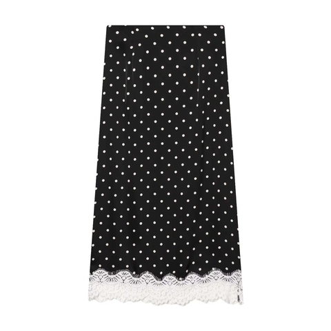 Vintage Women Polka Dot A-Line Skirt With White Lace Hem Retro High Waist Mid Length Skirt Fashion Commuting Skirt Bottoms