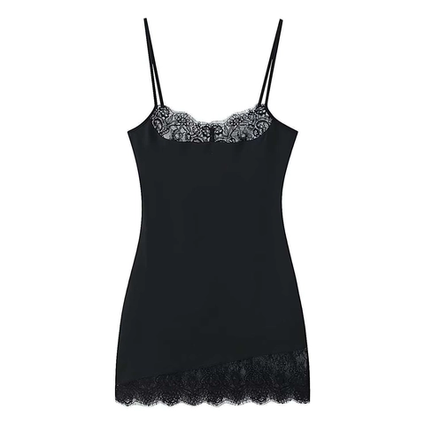 Women's Sexy V Neck Lace Trim Spaghetti Strap Slip Dress Silky Satin Bodycon Mini Dress With Asymmetric Hem Nightclub Party