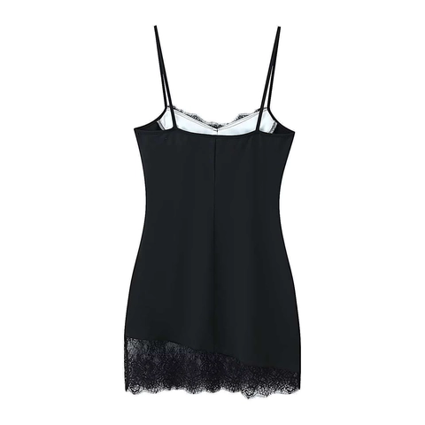Women's Sexy V Neck Lace Trim Spaghetti Strap Slip Dress Silky Satin Bodycon Mini Dress With Asymmetric Hem Nightclub Party