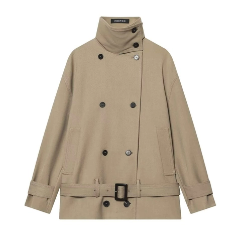 Trench-Coat pour Femmes Style Travail Vintage Double Boutonnage Col Montant Ample Mi-long Veste Coupe-vent Kaki Avec Ceinture