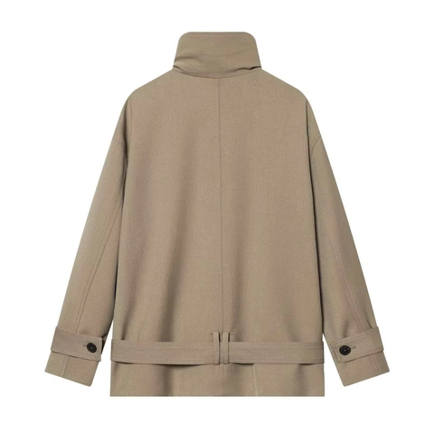 Trench-Coat pour Femmes Style Travail Vintage Double Boutonnage Col Montant Ample Mi-long Veste Coupe-vent Kaki Avec Ceinture