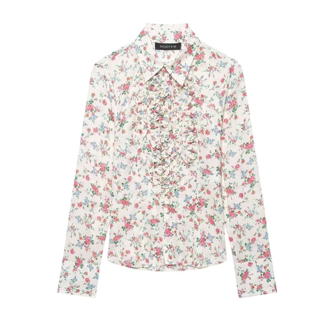 Damen Casual Blumenmuster Langarmshirt Elegant Rüschenbesatz Bluse Weiß Mehrfarbig Blumenmuster Locker Top