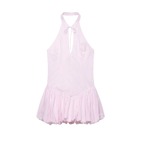 Robe Mini Sexy d'Été pour Femme Dos Nu Col en V Sans Manches en Popeline Rose Doux Ourlet Ballon Robe de Plage pour Vacances