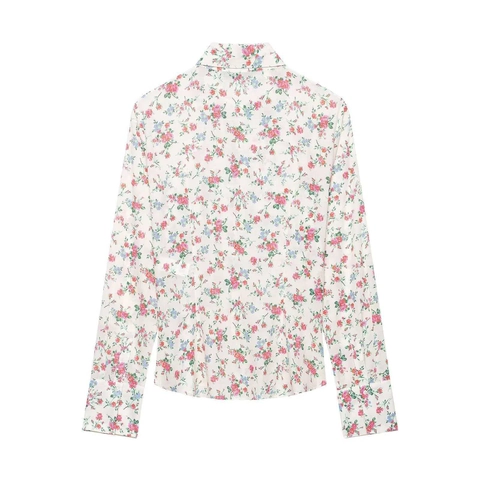 Damen Casual Blumenmuster Langarmshirt Elegant Rüschenbesatz Bluse Weiß Mehrfarbig Blumenmuster Locker Top