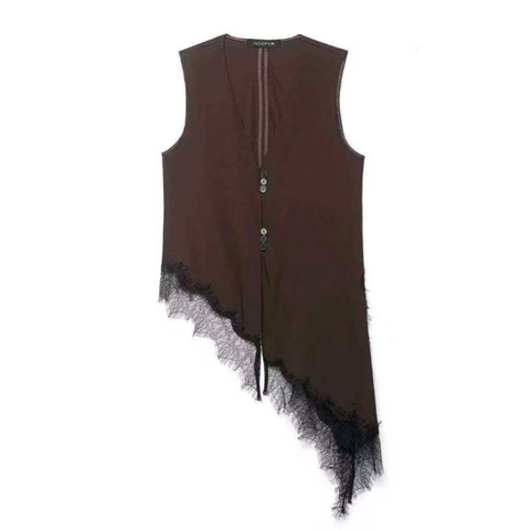 Women Casual V-Neck Sleeveless Vest Top Asymmetric Black Lace Hem Button Down Solid Color Coffee Summer Fashion Tank Top