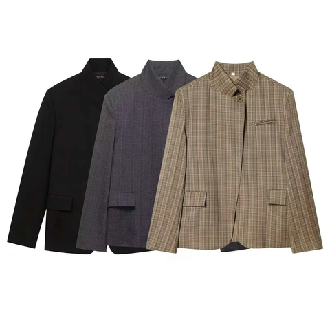 Damen Elegant Stehkragen Mischung Blazer Asymmetrisch Einreihig Büro Dame Business Casual Pendler Anzug Mantel
