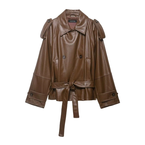 Dames Vintage Kunstleren Jas Double-breasted Half Lange Trenchcoat Met Riem Bruin PU Leer Moto Biker Outwear