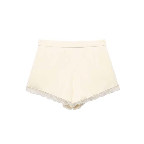 Women Summer Elegant Satin High Waist Shorts With Lace Trim Minimalist Solid Color Commute Comfortable Polyester Bottoms