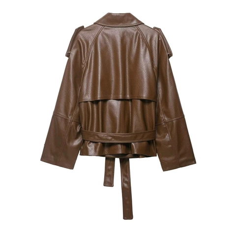 Dames Vintage Kunstleren Jas Double-breasted Half Lange Trenchcoat Met Riem Bruin PU Leer Moto Biker Outwear