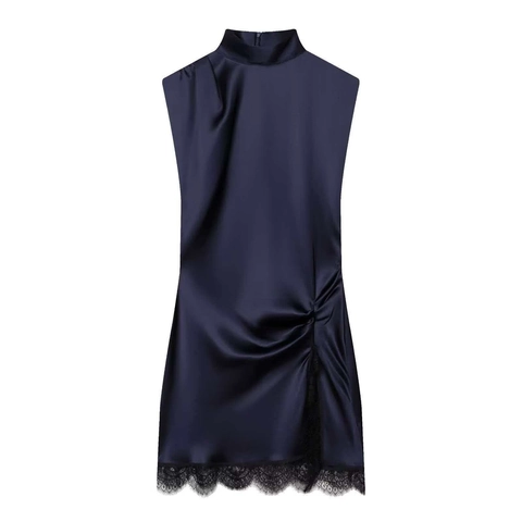 Elegantes Damen Mitternachtsblau Satin Mini Kleid Ärmellos Halber Stehkragen Geraffte Taille Spitzen Saum Patchwork Cocktail Party Kleid