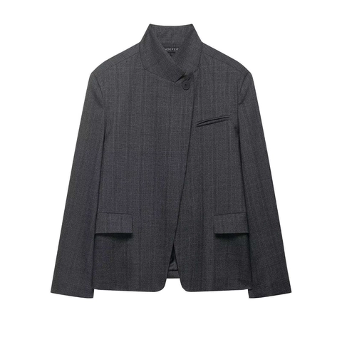 Damen Elegant Stehkragen Mischung Blazer Asymmetrisch Einreihig Büro Dame Business Casual Pendler Anzug Mantel