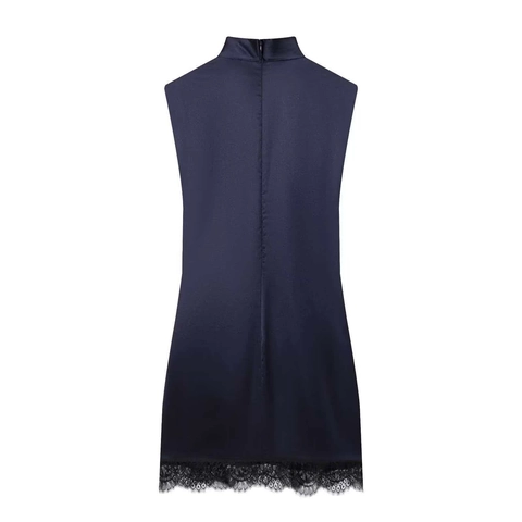 Elegantes Damen Mitternachtsblau Satin Mini Kleid Ärmellos Halber Stehkragen Geraffte Taille Spitzen Saum Patchwork Cocktail Party Kleid