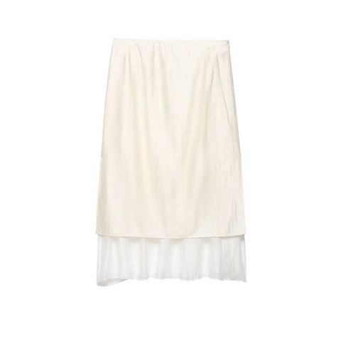 Falda Midi Elegante de Satén para Mujer con Gasa Empalmada Cintura Alta Minimalista Falda Recta Blanco Lechoso Capas Casual
