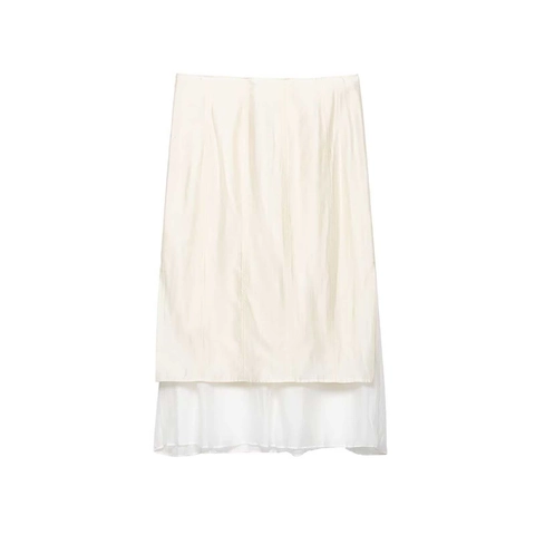 Falda Midi Elegante de Satén para Mujer con Gasa Empalmada Cintura Alta Minimalista Falda Recta Blanco Lechoso Capas Casual