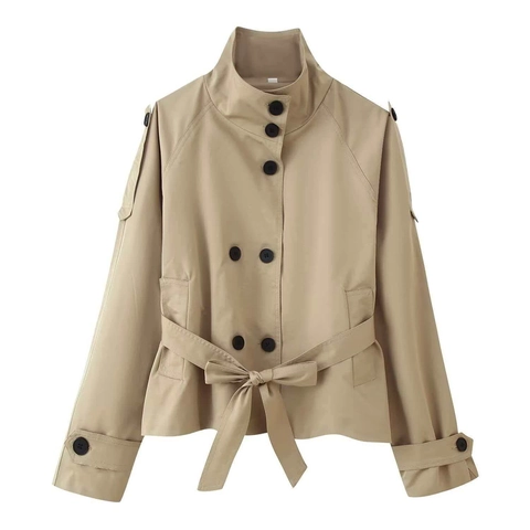 Women Double Breasted Short Trench Coat With Belt Stand Collar Long Sleeve Solid Color British Style Windbreaker Jacket