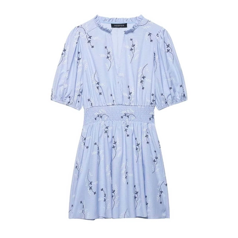 Robe Midi Femme Élégante Bleu Clair Broderie Florale Taille Smockée Manches Bouffantes Col V Décontractée Été Manches Courtes Volants