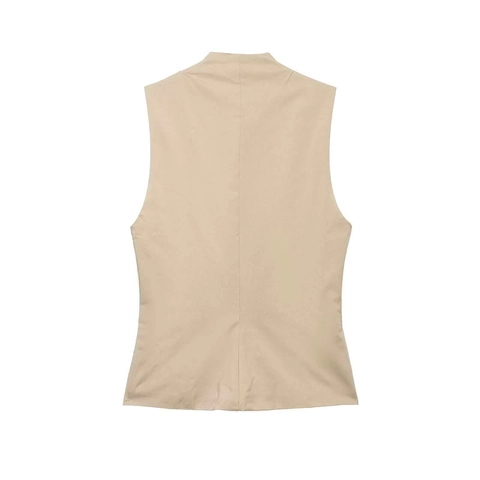 Dames Staande Kraag Double-breasted Mouwloze Vest Top Khaki Slim Fit Zijrits Casual Pendelen Zomer Tanktop