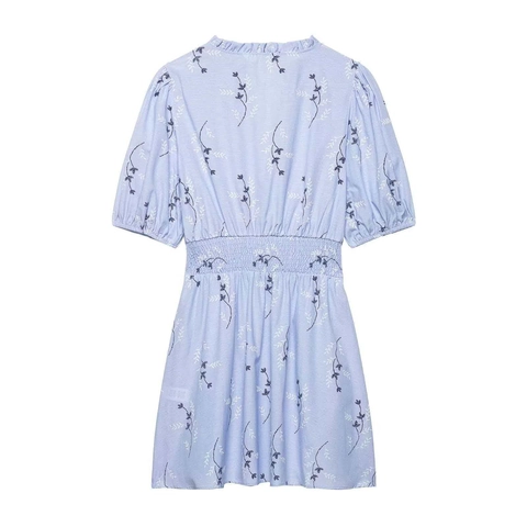 Robe Midi Femme Élégante Bleu Clair Broderie Florale Taille Smockée Manches Bouffantes Col V Décontractée Été Manches Courtes Volants