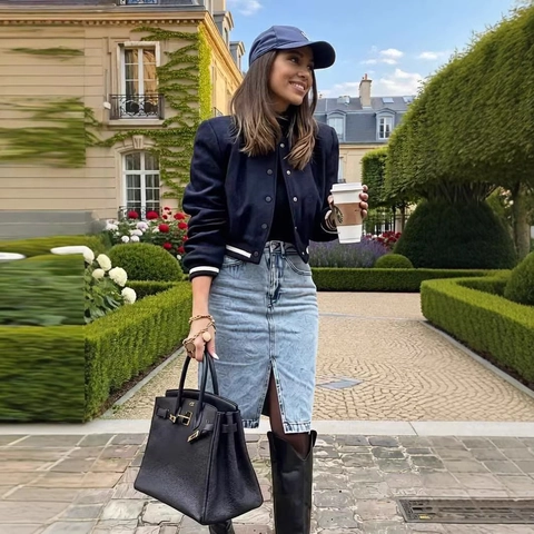 Women's Casual Varsity Bomber Jacket With Striped Rib Trim Snap Button Short Baseball Outerwear Coat Autumn Polyester Jacket