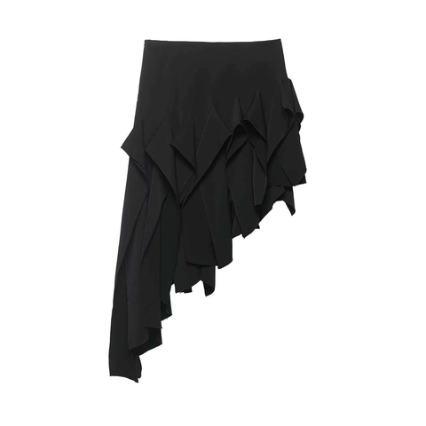 Gonna Midi Nera alla Moda con Volant Irregolari Gonna Estiva Pendolare Elegante Casual Asimmetrica a Vita Alta