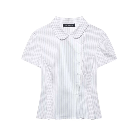 Women's Striped Peter Pan Collar Short Sleeve Blouse Asymmetrical Button Peplum Top Office Lady Casual Poplin Shirt