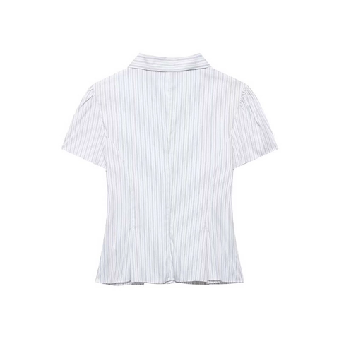 Women's Striped Peter Pan Collar Short Sleeve Blouse Asymmetrical Button Peplum Top Office Lady Casual Poplin Shirt