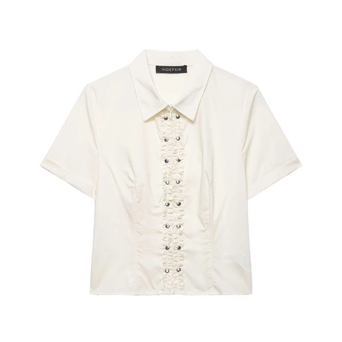 Camisa Elegante de Volantes y Remaches para Mujer Manga Corta Color Sólido Blusa Minimalista de Verano Top de Poliéster