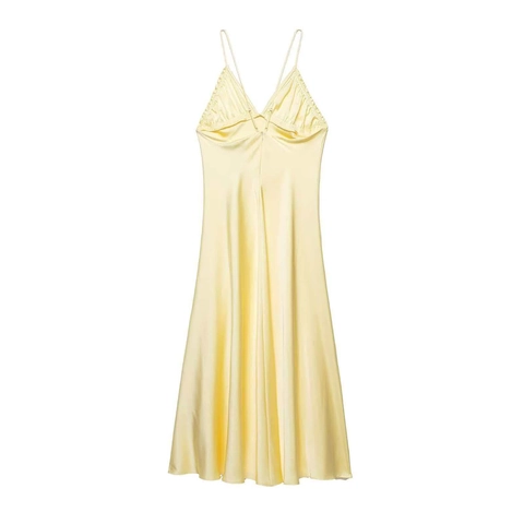Women's Sexy Yellow Satin Spaghetti Strap Ruched V Neck Slip Dress Elegant Sleeveless Backless Maxi Midi Party Dress
