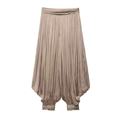 Women's Elegant High Waist Pleated Harem Pants Champagne Gold Satin Cuffed Lantern Pants Casual Commuter Trousers