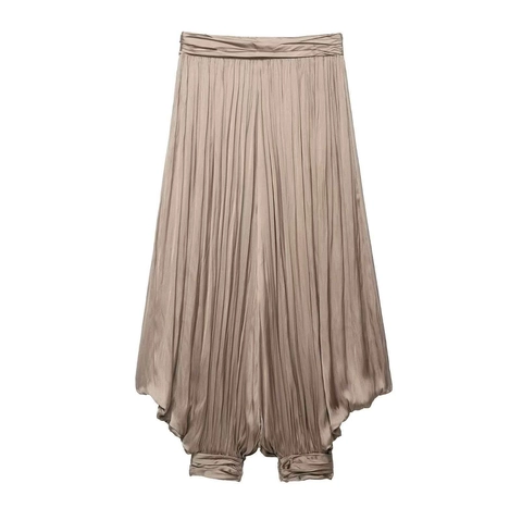 Women's Elegant High Waist Pleated Harem Pants Champagne Gold Satin Cuffed Lantern Pants Casual Commuter Trousers
