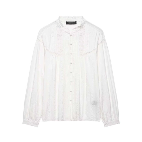 Camicetta Elegante da Donna Bianca con Patchwork in Pizzo Vintage Colletto alla Coreana Camicia a Pieghe a Maniche Lunghe