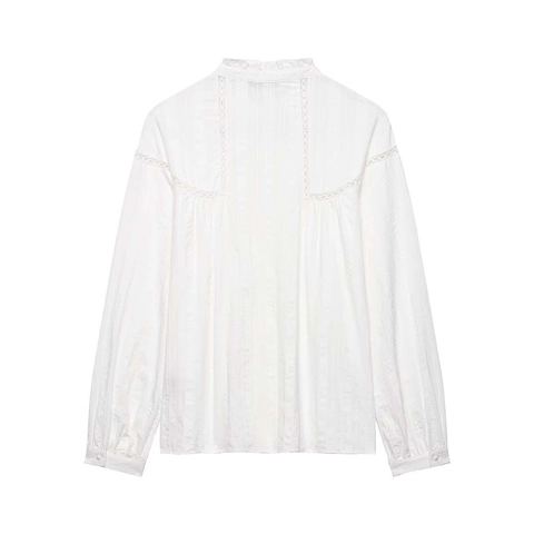 Camicetta Elegante da Donna Bianca con Patchwork in Pizzo Vintage Colletto alla Coreana Camicia a Pieghe a Maniche Lunghe