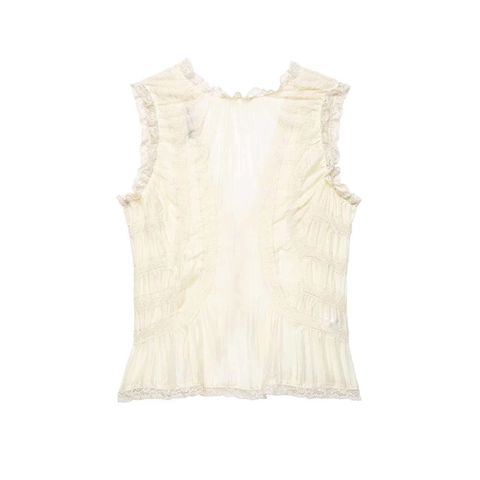 Damen Französischer Vintage V-Ausschnitt Ärmellose Bluse Elegante Spitze Rüschen Falten Knopfleiste Chiffon Top Beige Shirt