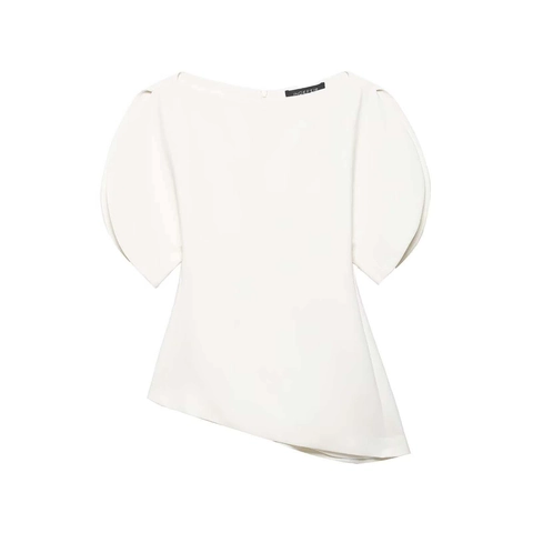 Camicetta da Donna Minimalista con Spalle Scoperte e Maniche a Sbuffo Orlo Asimmetrico Vestibilità Aderente Pullover Elegante Tinta Unita