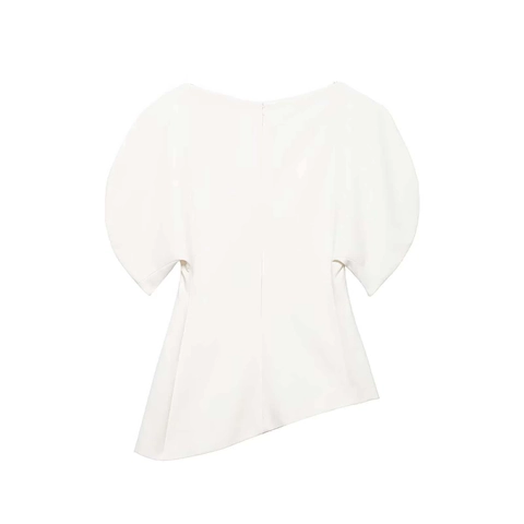 Camicetta da Donna Minimalista con Spalle Scoperte e Maniche a Sbuffo Orlo Asimmetrico Vestibilità Aderente Pullover Elegante Tinta Unita