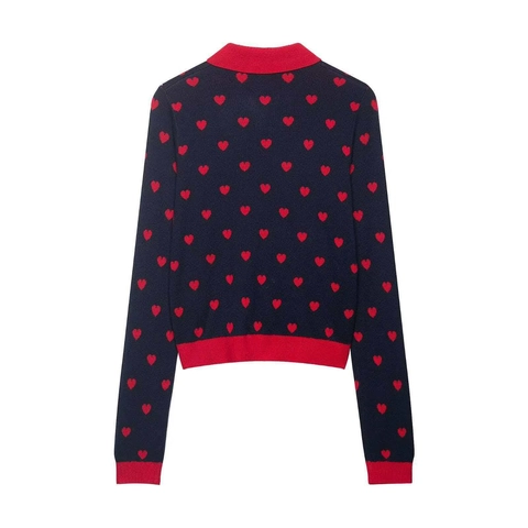 Women Casual Heart Jacquard Knit Cardigan Contrast Lapel Long Sleeve Button Up Sweater Navy Blue Red Retro Knitwear
