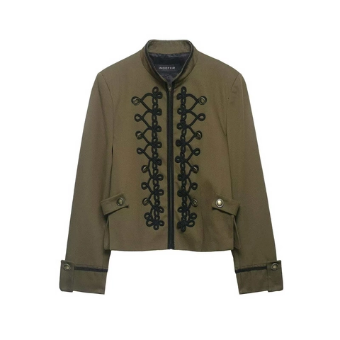 Chaqueta Corta Estilo Militar Vintage para Mujer Cuello Alto Ajuste Delgado Nudos de Cordón Cremallera Verde Militar Negro