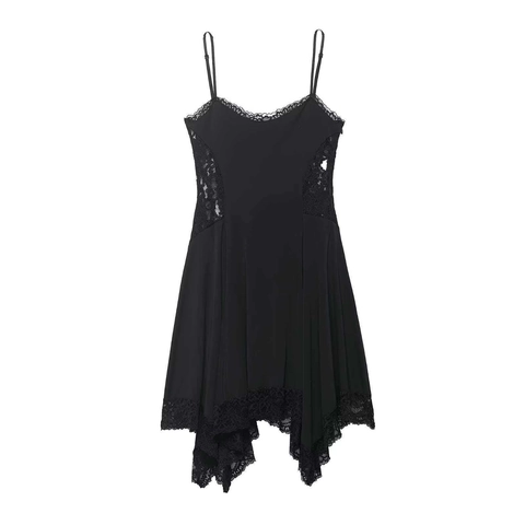 Robe Caraco Femme Gothique Sexy Noire Patchwork Dentelle Col en V Ourlet Irrégulier Taille Haute Sans Manches Midi Robe de Fête