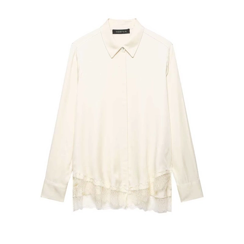 Women's Elegant Satin Blouse With Lace Hem Long Sleeve Button Down Shirt For Office Daily Casual Commute Minimalist Top