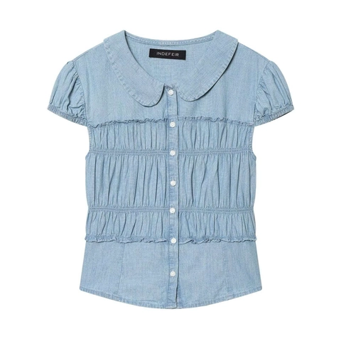 Women Peter Pan Collar Short Sleeve Blouse Light Blue Smocking Detail Ruffle Trim Button Down Casual Commuter Shirt Top