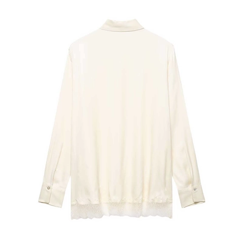 Women's Elegant Satin Blouse With Lace Hem Long Sleeve Button Down Shirt For Office Daily Casual Commute Minimalist Top