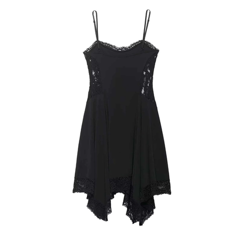 Robe Caraco Femme Gothique Sexy Noire Patchwork Dentelle Col en V Ourlet Irrégulier Taille Haute Sans Manches Midi Robe de Fête