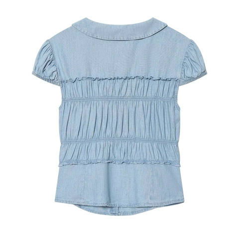 Women Peter Pan Collar Short Sleeve Blouse Light Blue Smocking Detail Ruffle Trim Button Down Casual Commuter Shirt Top