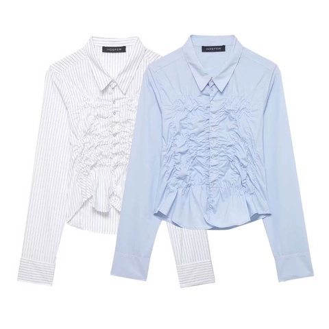 Women's Casual Ruched Long Sleeve Shirt Lapel Single Breasted Blouse with Irregular Hem Polyester Striped Solid Top