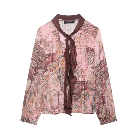 Women Vintage Paisley Print Chiffon Blouse Long Sleeve Tie Neck Ruffle Hem Loose Casual Bohemian Shirt Pink Elegant Top