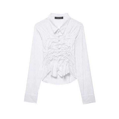 Women's Casual Ruched Long Sleeve Shirt Lapel Single Breasted Blouse with Irregular Hem Polyester Striped Solid Top