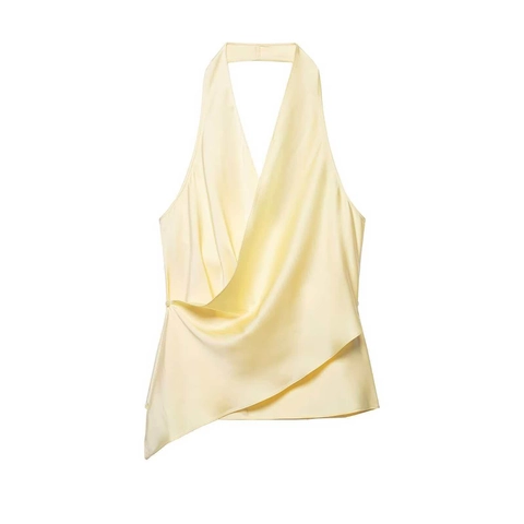 Elegant Satin Halter Neck Tank Top For Women Sexy Irregular Wrap V Neck Draped Sleeveless Solid Color Summer Casual Party Top
