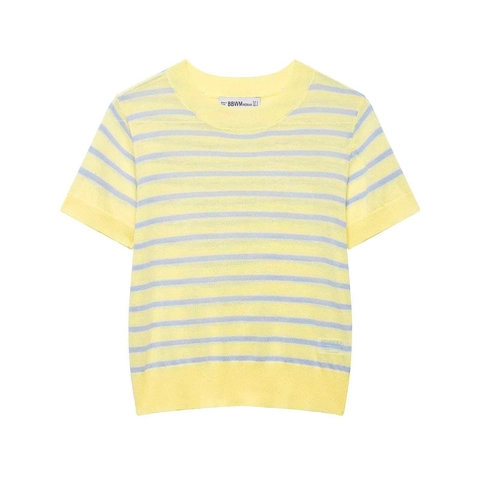 Women Casual Short Sleeve Knit Top Yellow Blue Striped Round Neck Lightweight Summer Polyester Pullover Sweater Basic Loose Top