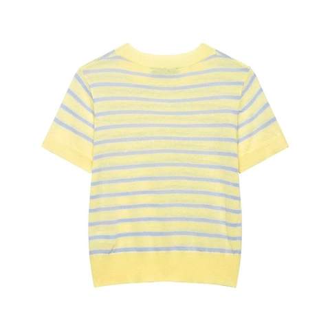 Women Casual Short Sleeve Knit Top Yellow Blue Striped Round Neck Lightweight Summer Polyester Pullover Sweater Basic Loose Top